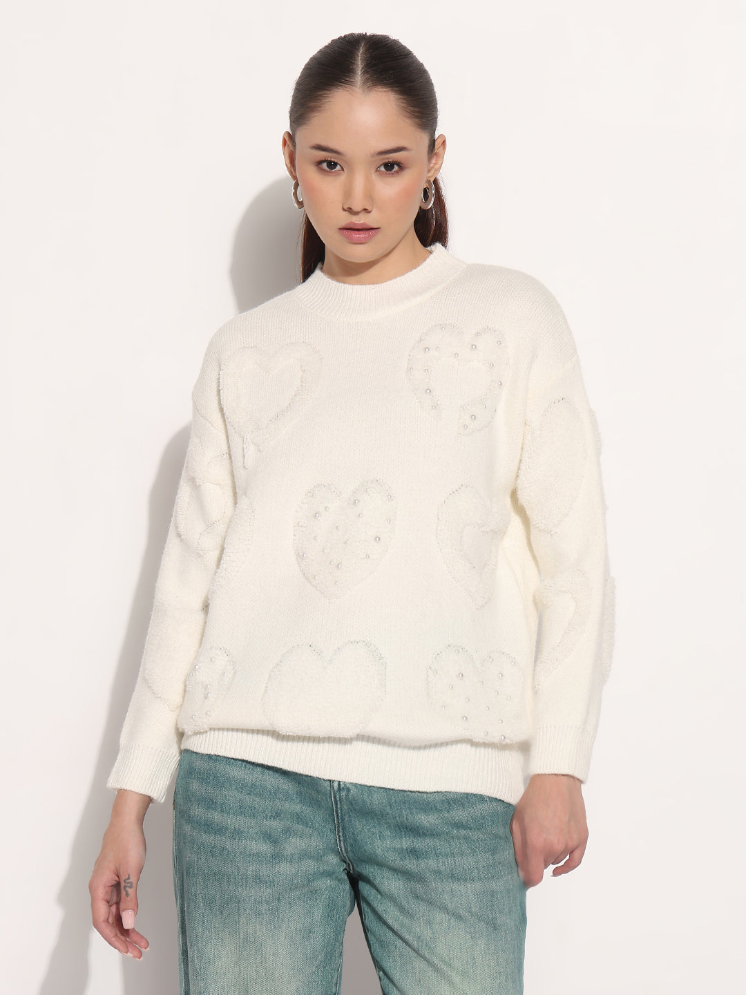 Women's Embellished Off White Pullover Top with Textured Heart Design