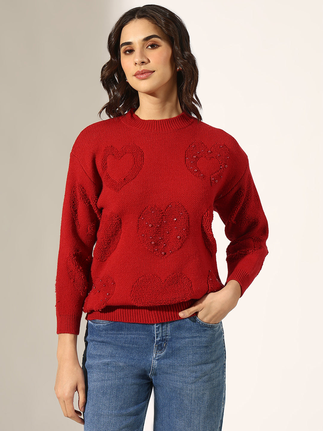 Women's Knitted Red Heart Embellished Pullover Top