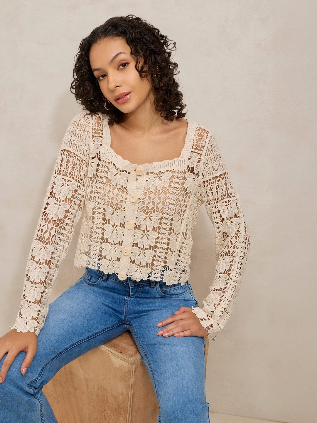 Women's Crochet Cream Top with Square Neck