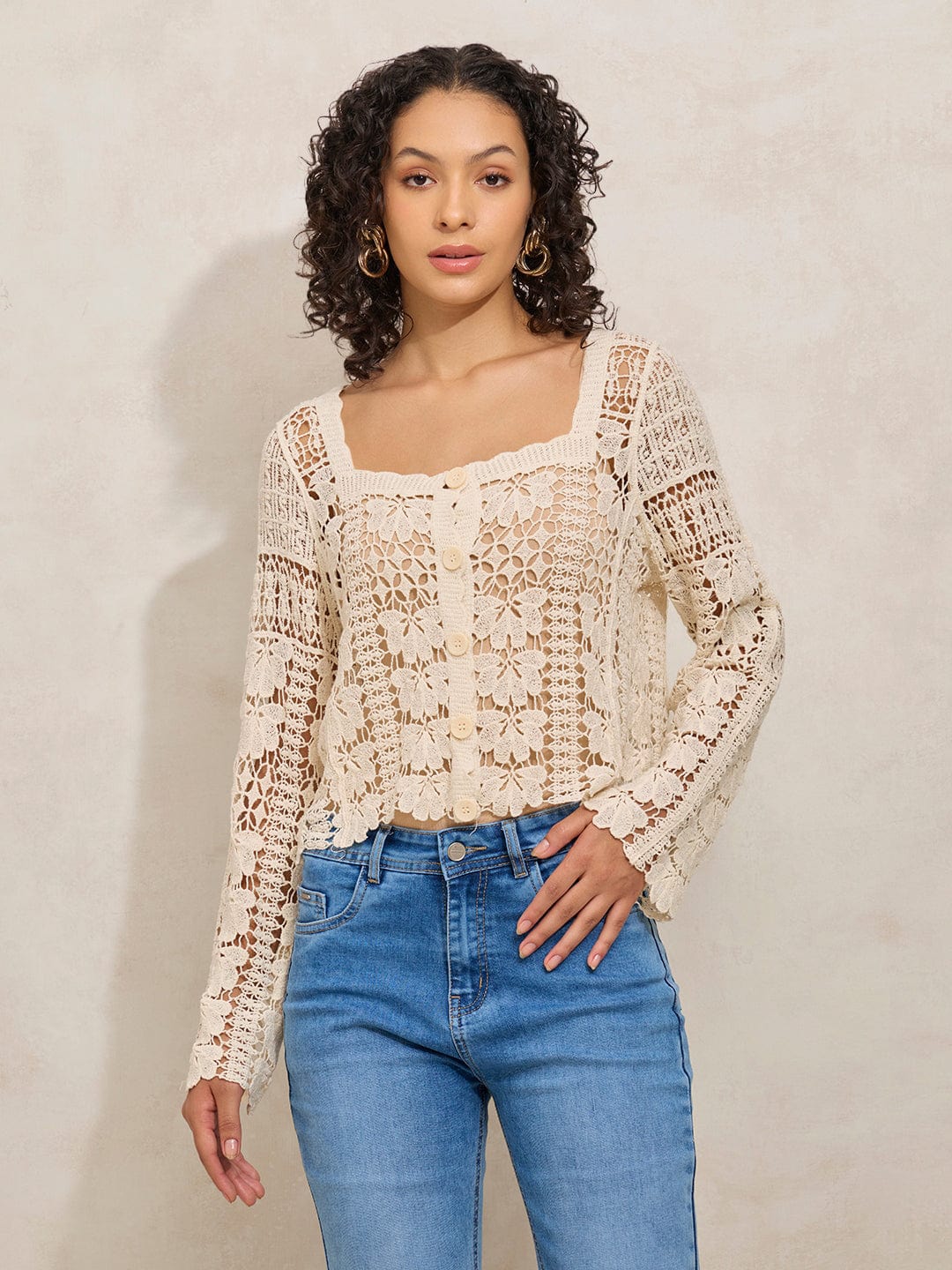 Women's Crochet Cream Top with Square Neck