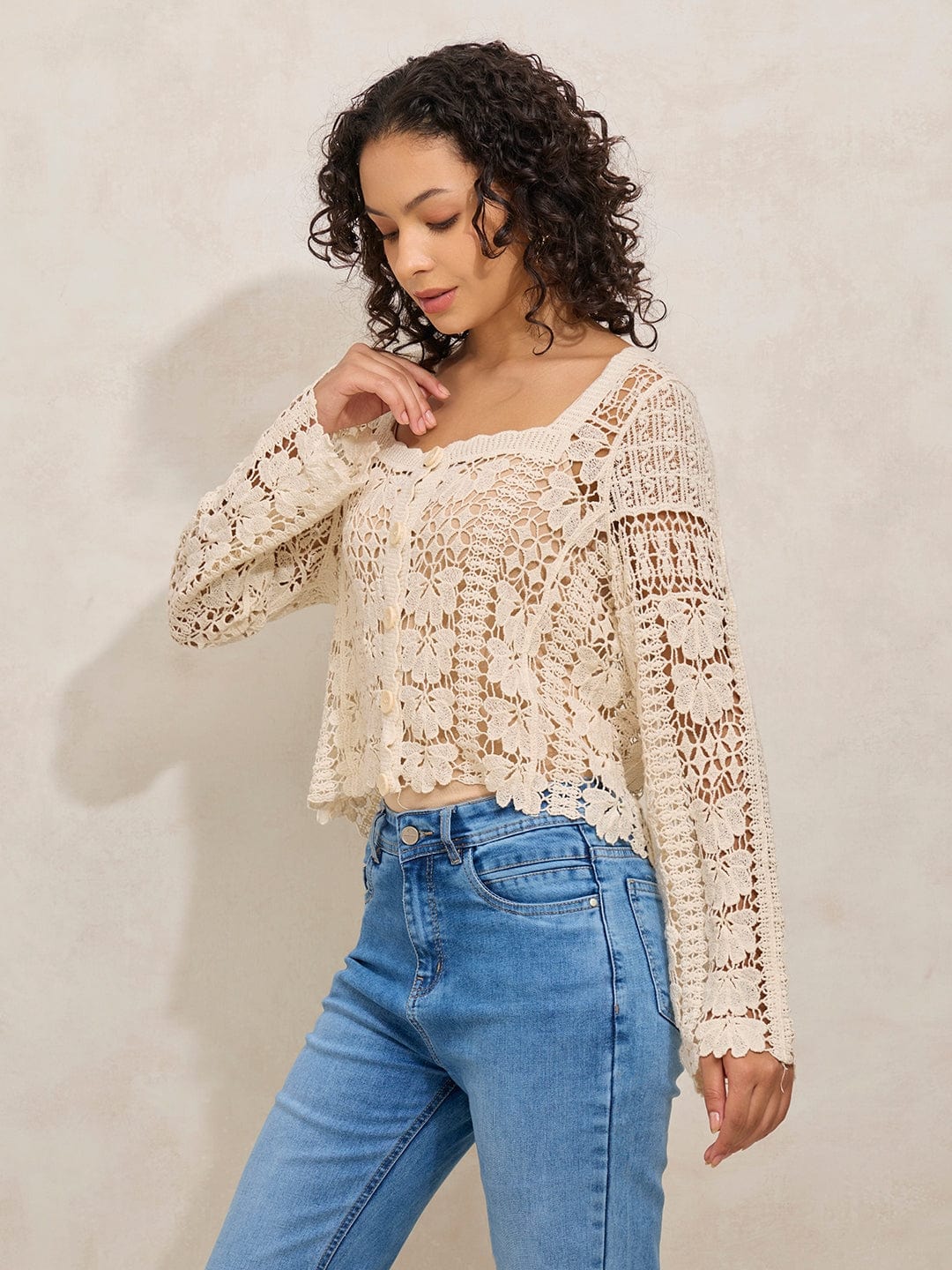 Women's Crochet Cream Top with Square Neck