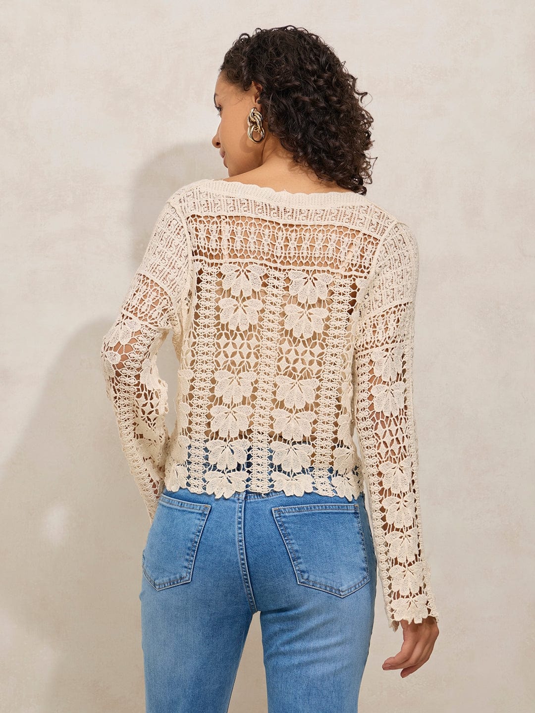 Women's Crochet Cream Top with Square Neck