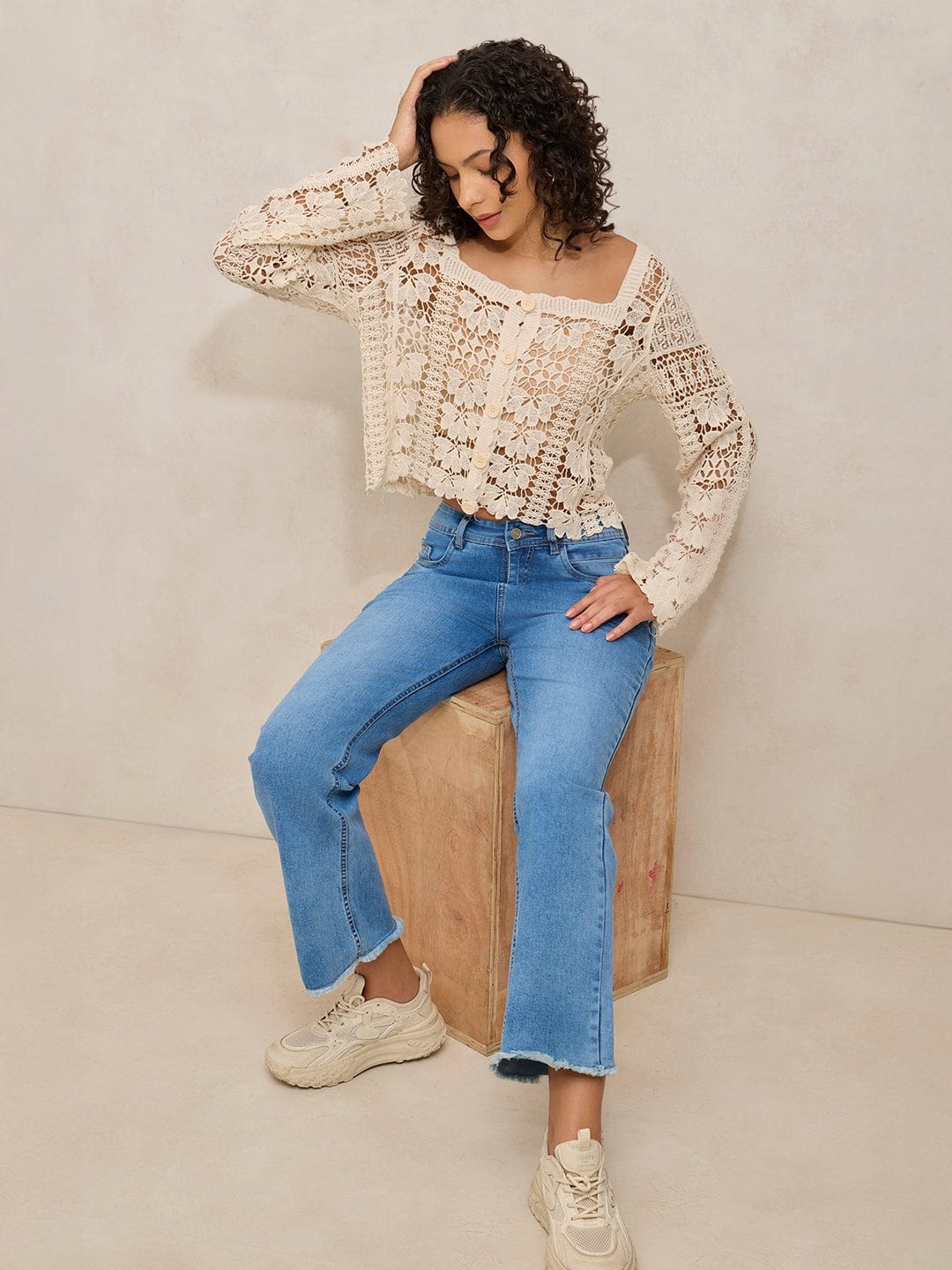 Women's Crochet Cream Top with Square Neck