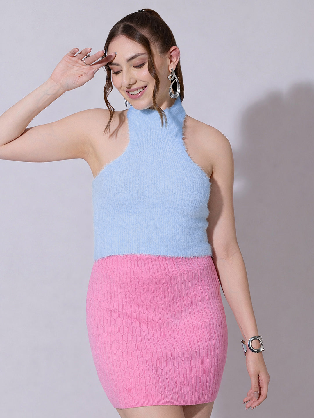 Women's Knitted Blue Fuzzy Halter Neck Top