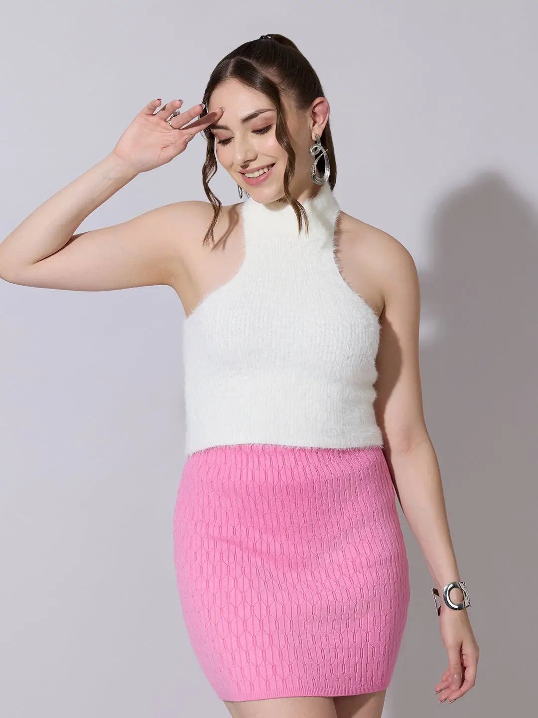 Women's Knitted White Fuzzy Halter Neck Top - from SHOWOFFFF