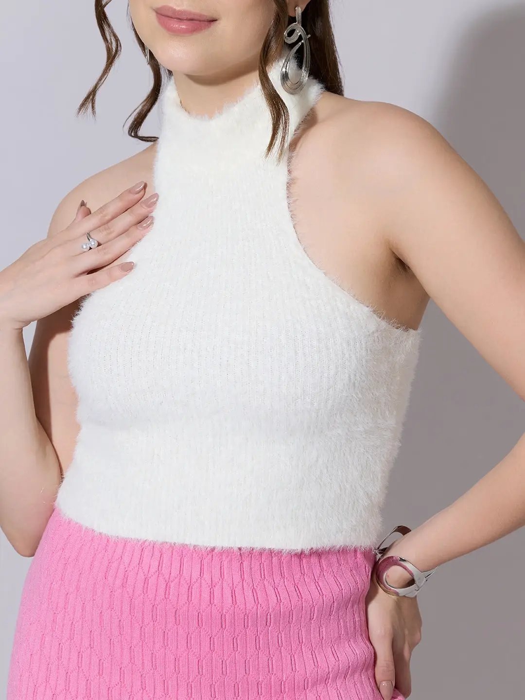 Women's Knitted White Fuzzy Halter Neck Top - from SHOWOFFFF