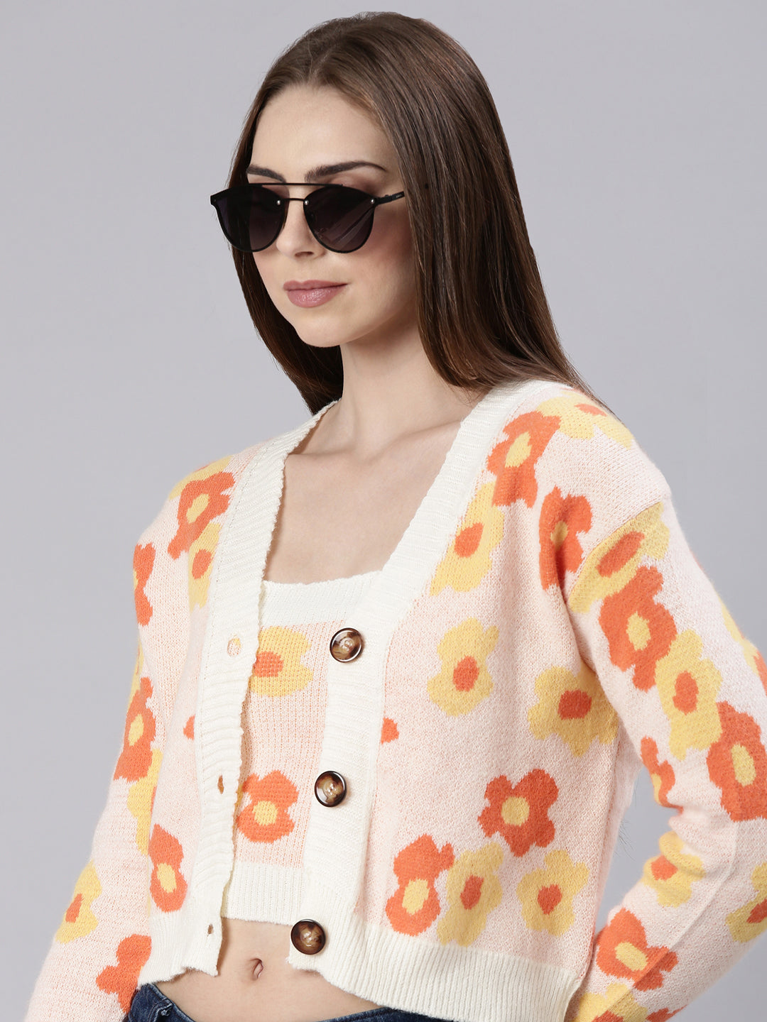 Women Peach Printed Cardigan