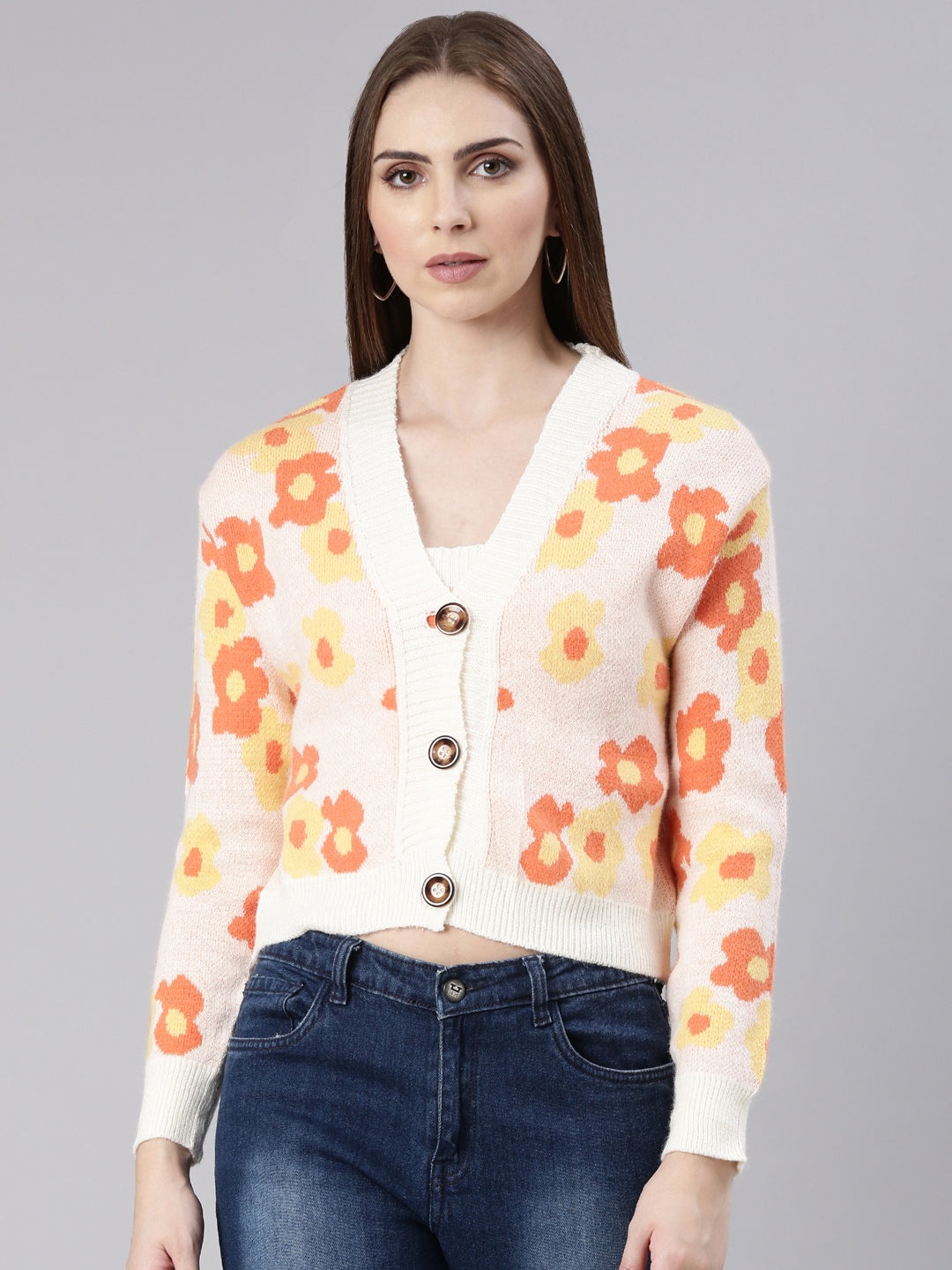 Women Peach Printed Cardigan