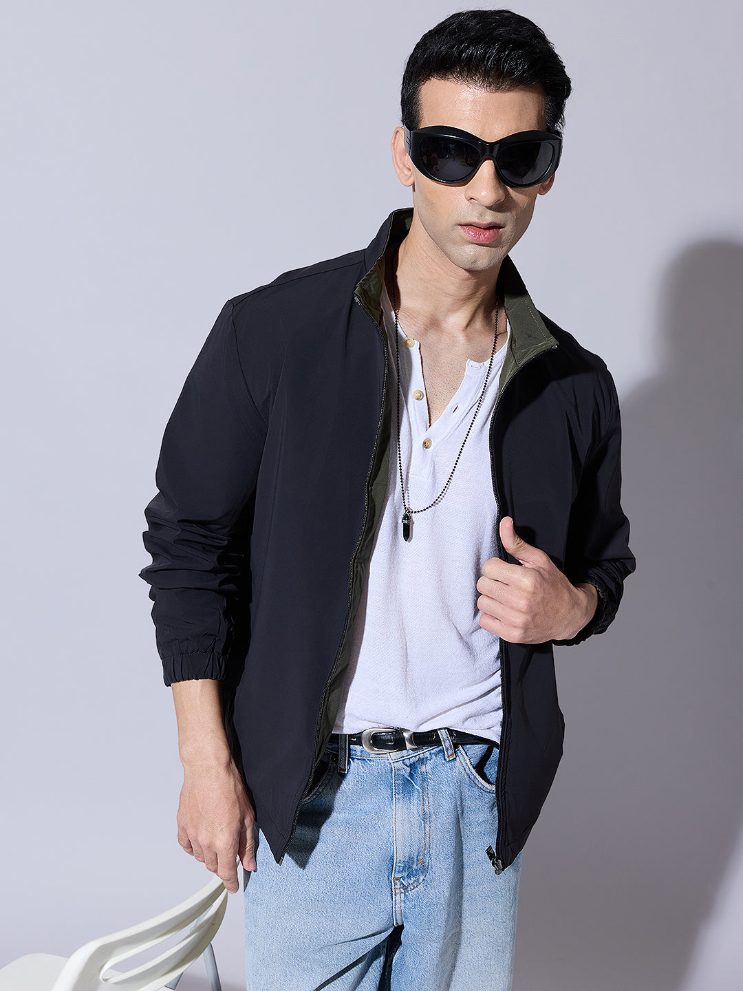 Men's Black Zip-Up Bomber Reversible Jacket