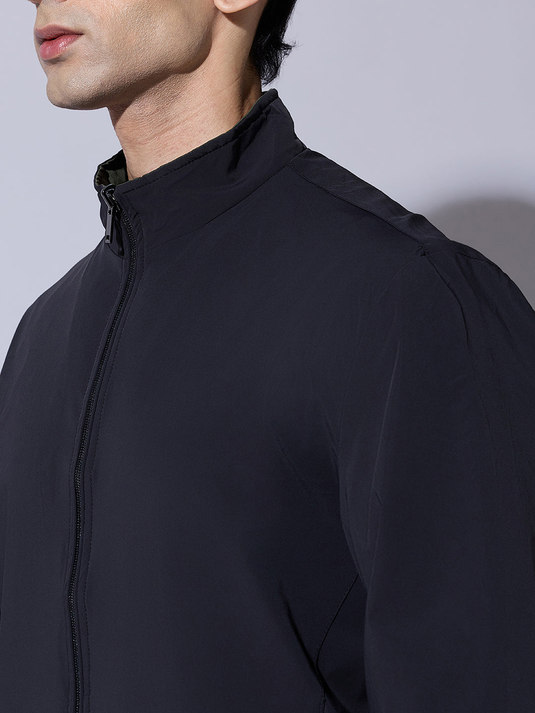 Men's Black Zip-Up Bomber Reversible Jacket