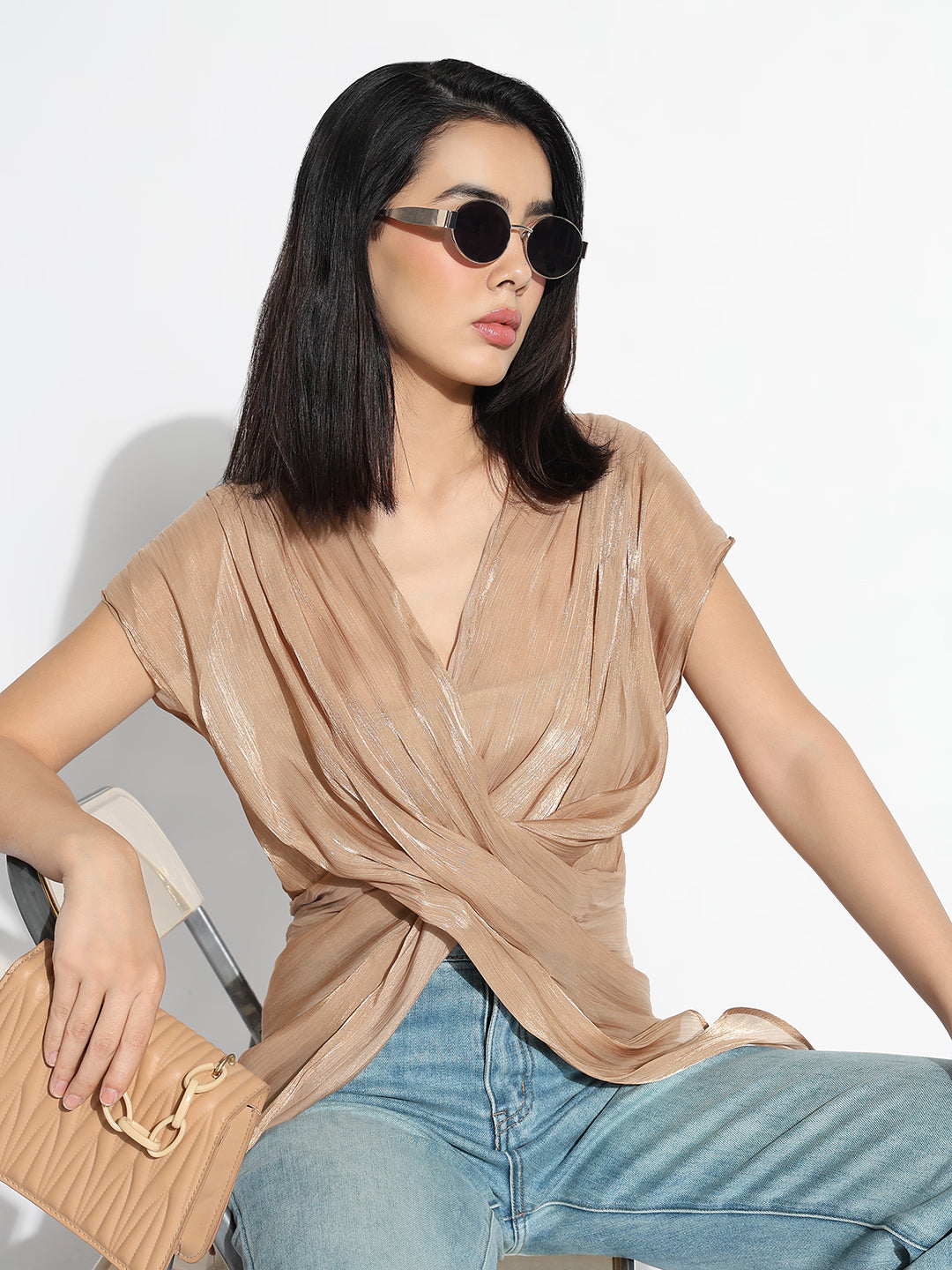 Women V-Neck Beige Solid Top