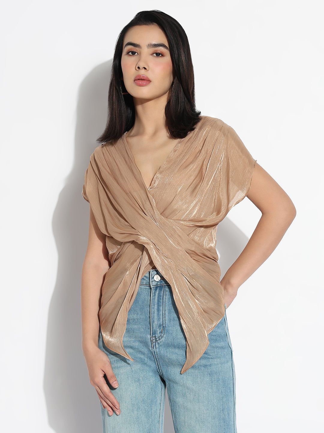 Women V-Neck Beige Solid Top