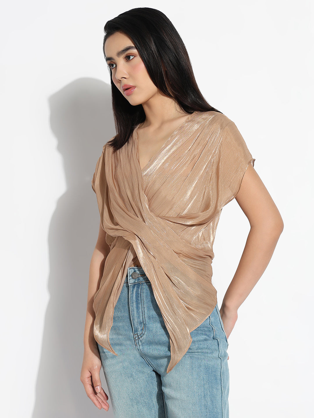 Women V-Neck Beige Solid Top