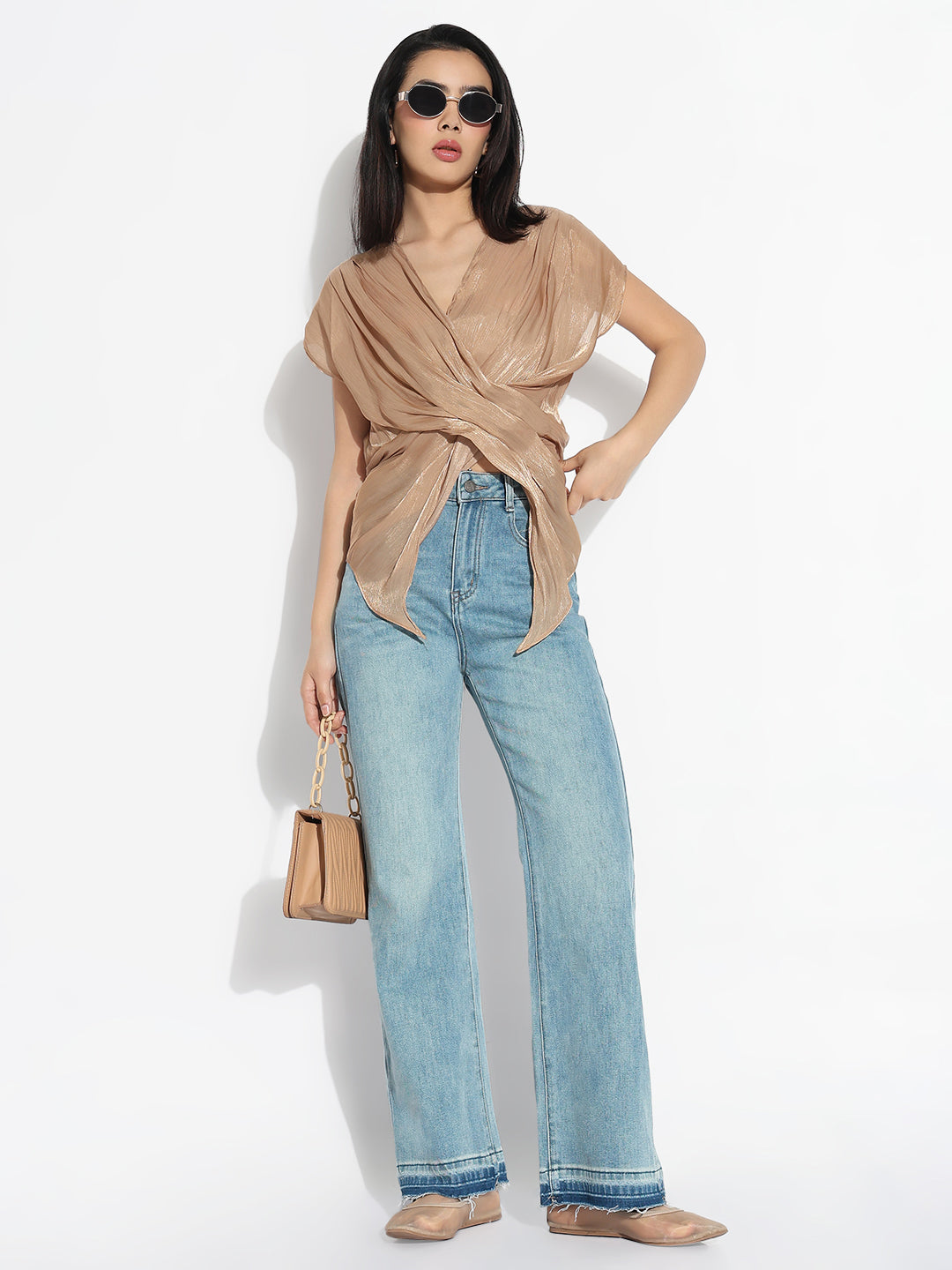 Women V-Neck Beige Solid Top