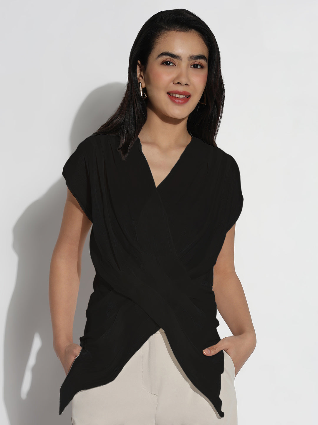 Women Solid Black V-Neck Wrap Top