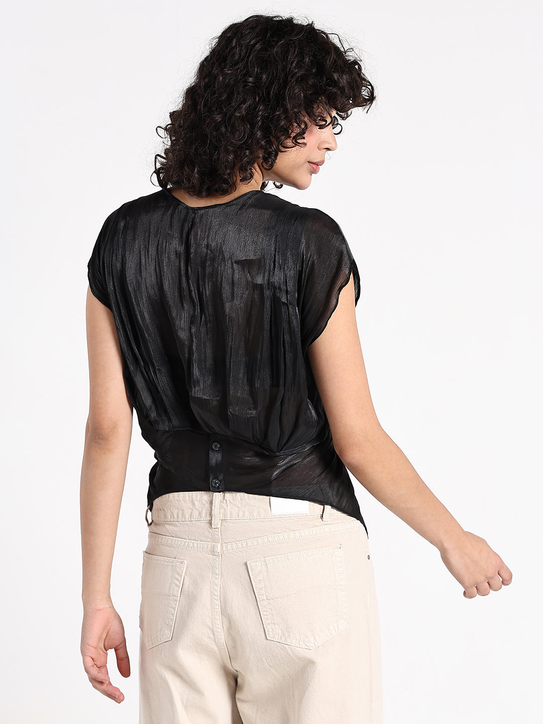 Women's Solid Black V-Neck Wrap Top