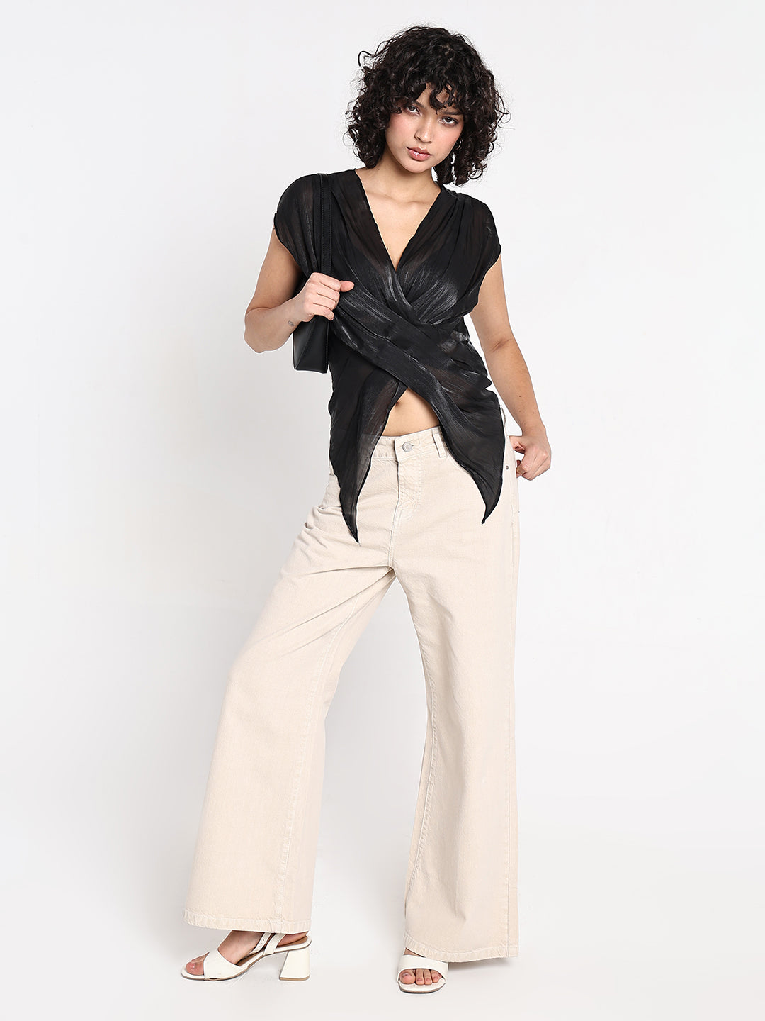 Women's Solid Black V-Neck Wrap Top