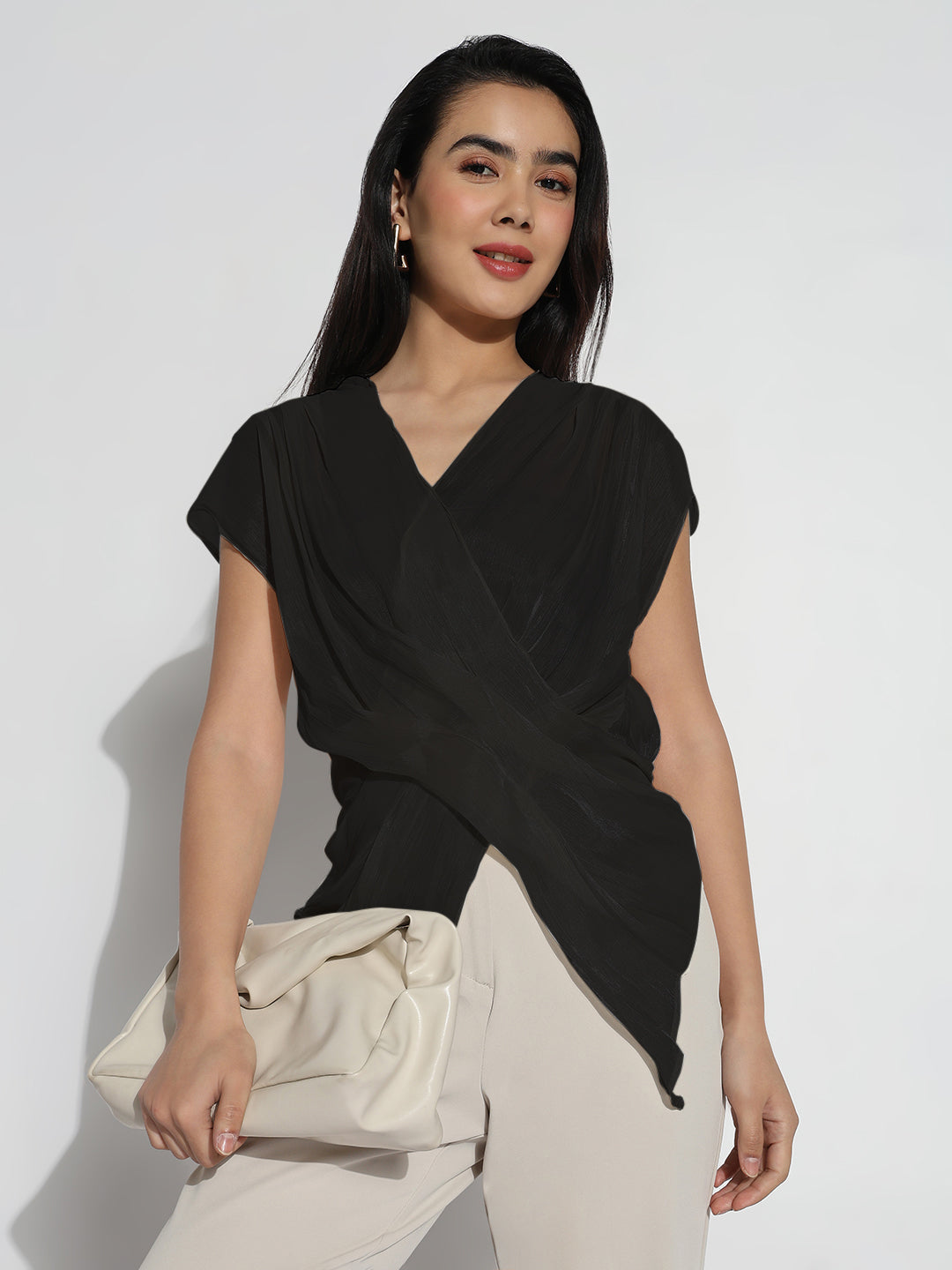 Women Solid Black V-Neck Wrap Top