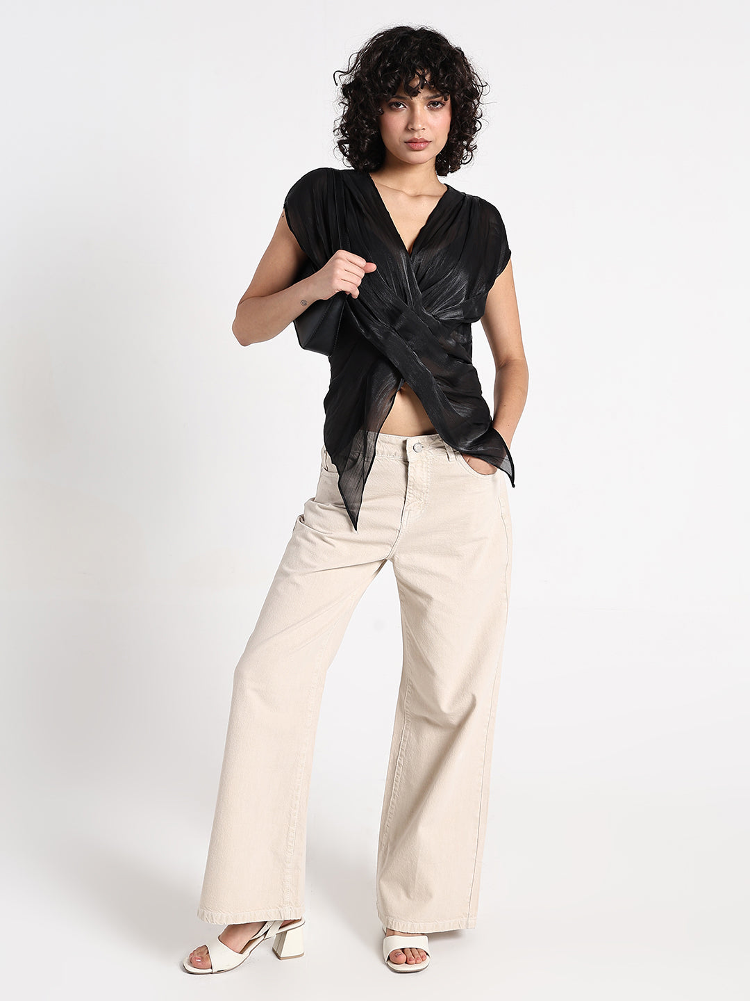 Women's Solid Black V-Neck Wrap Top