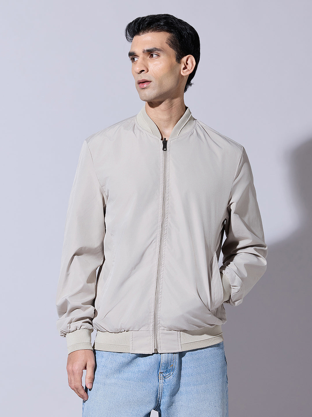 Men's Cream Zip-Up Jacket with Ribbed Hem