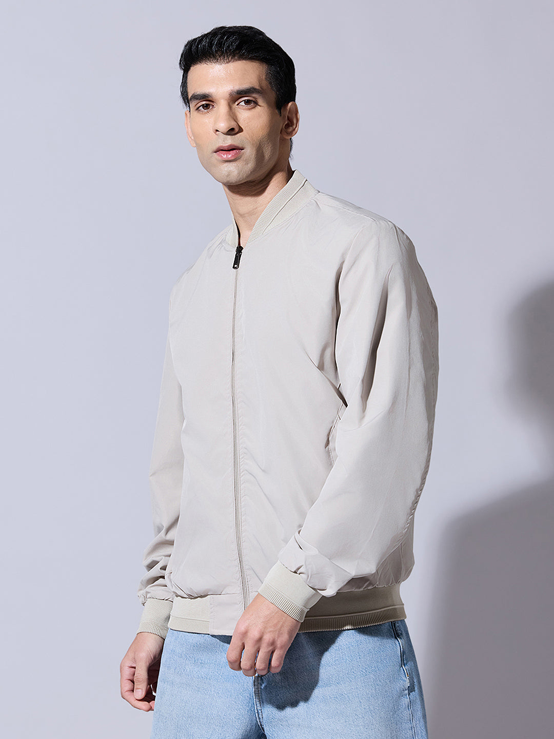 Men's Cream Zip-Up Jacket with Ribbed Hem