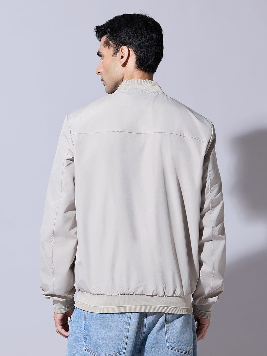 Men's Cream Zip-Up Jacket with Ribbed Hem