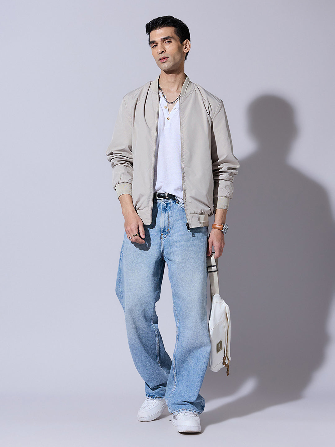 Men's Cream Zip-Up Jacket with Ribbed Hem