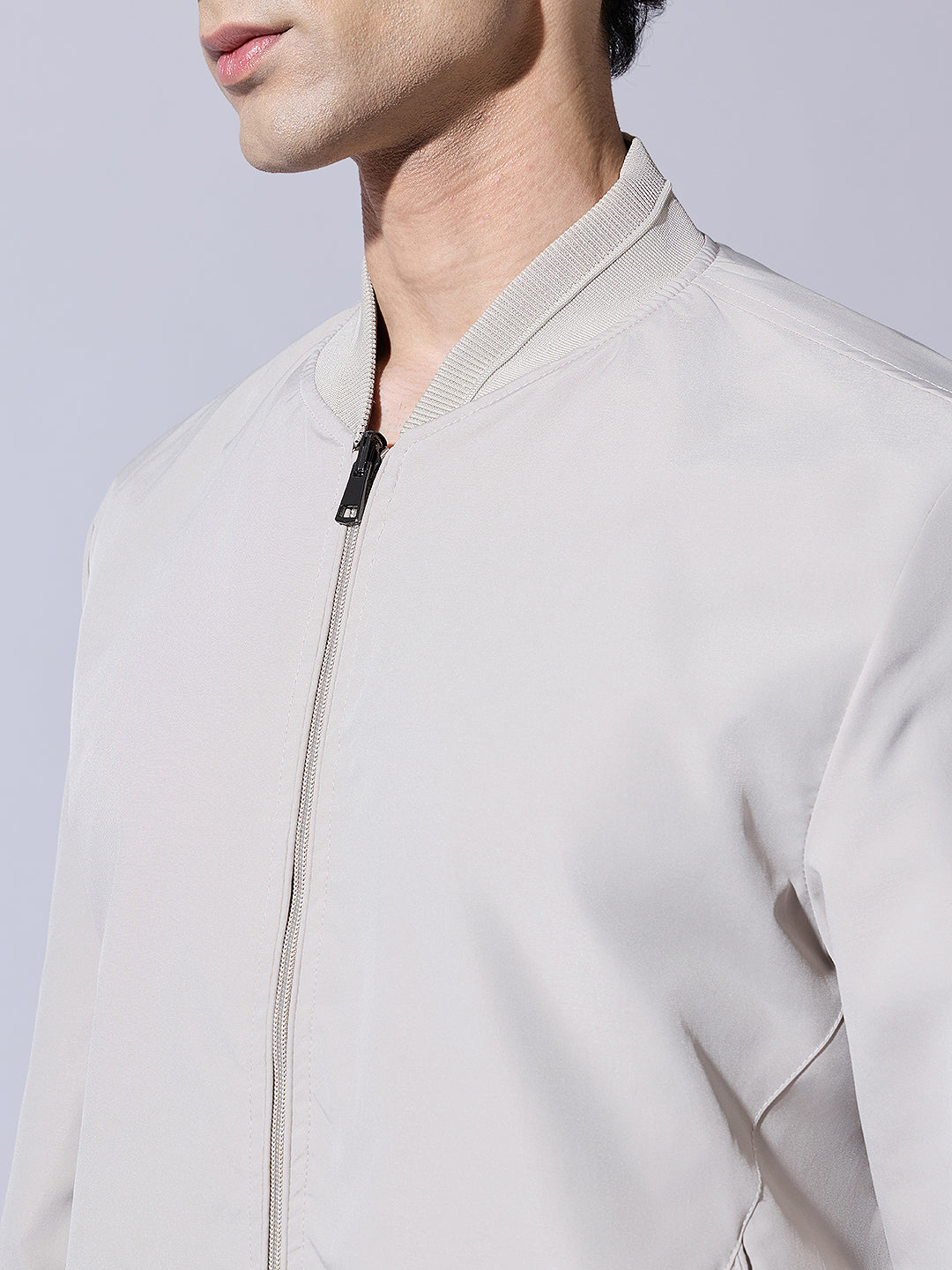 Men's Cream Zip-Up Jacket with Ribbed Hem