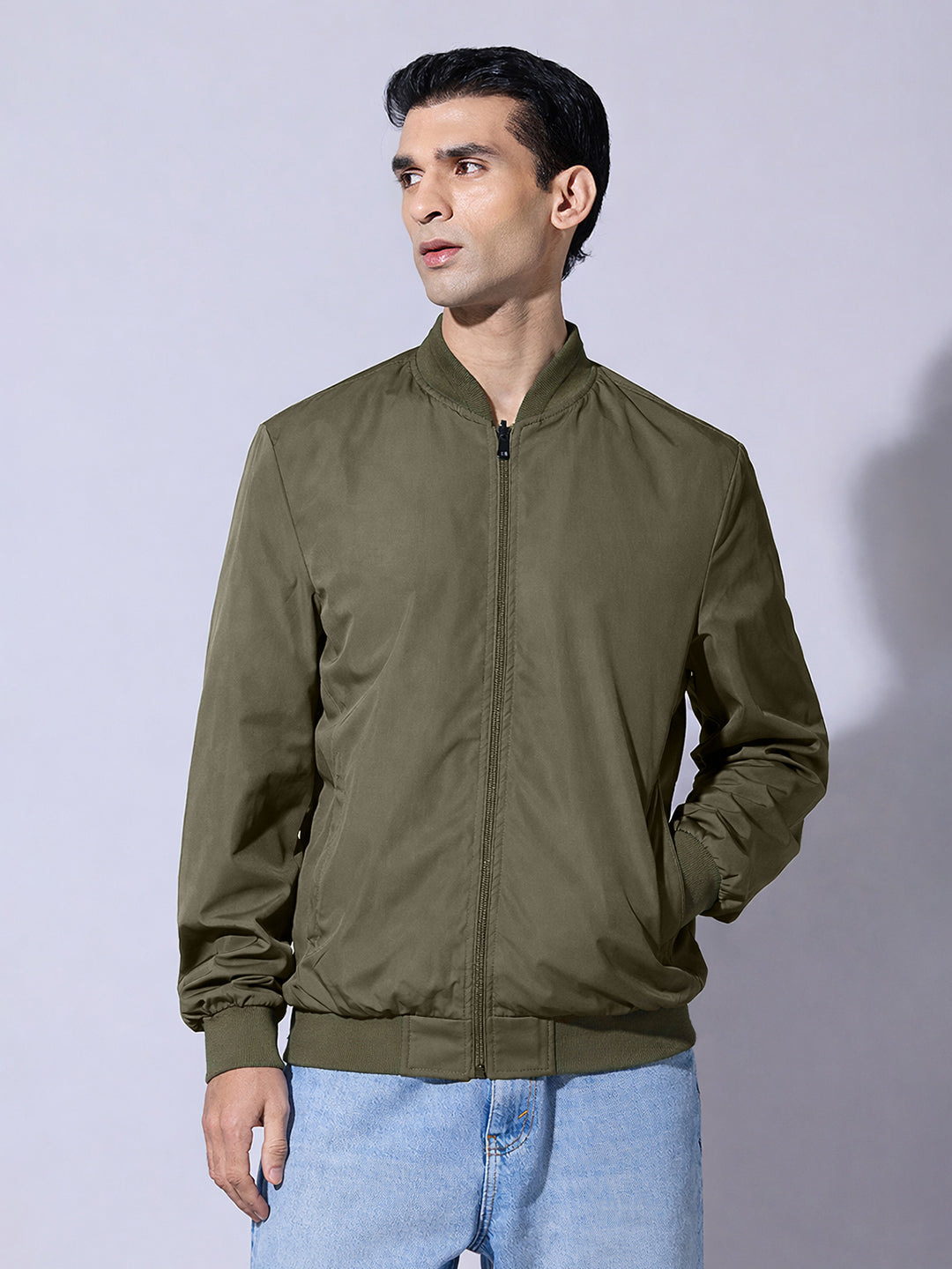 Men's Olive Zip-Up Jacket with Ribbed Hem