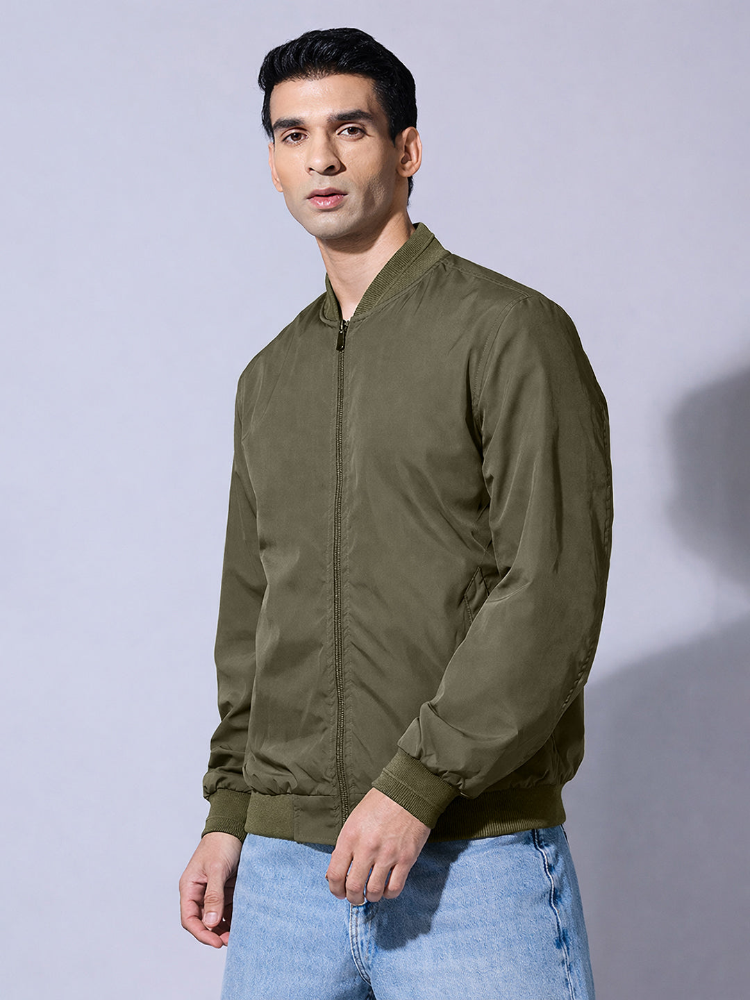 Men's Olive Zip-Up Jacket with Ribbed Hem