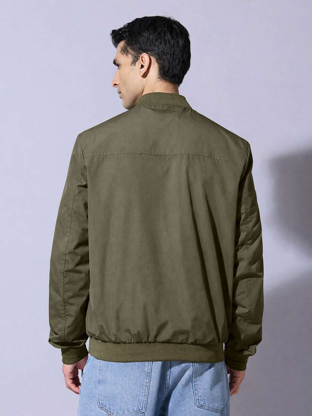 Men's Olive Zip-Up Jacket with Ribbed Hem