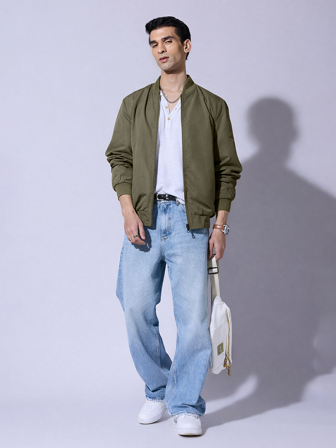 Men's Olive Zip-Up Jacket with Ribbed Hem