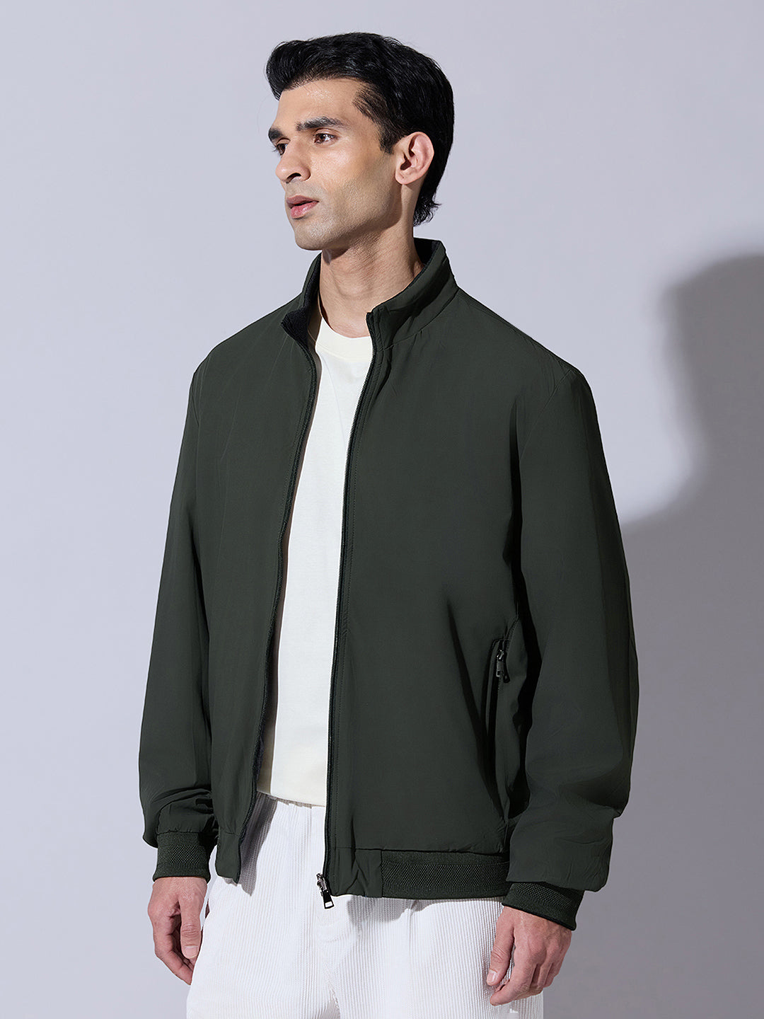Men's Green Zip-Up Jacket with Stand Collar