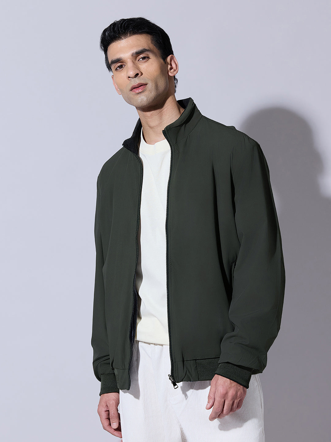 Men's Green Zip-Up Jacket with Stand Collar