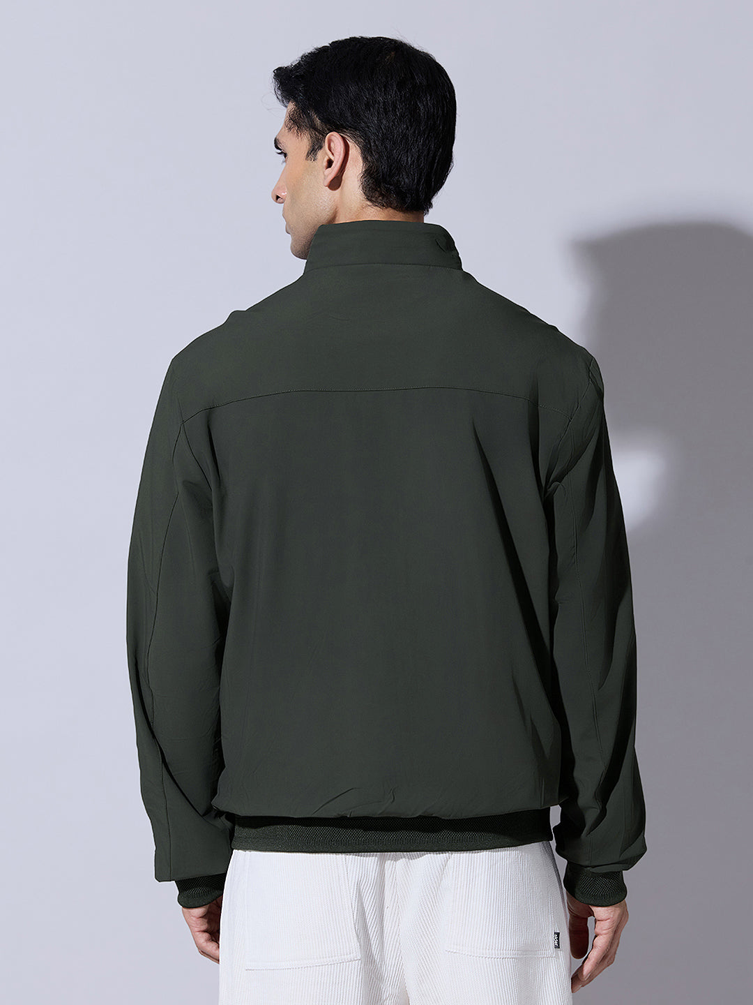 Men's Green Zip-Up Jacket with Stand Collar