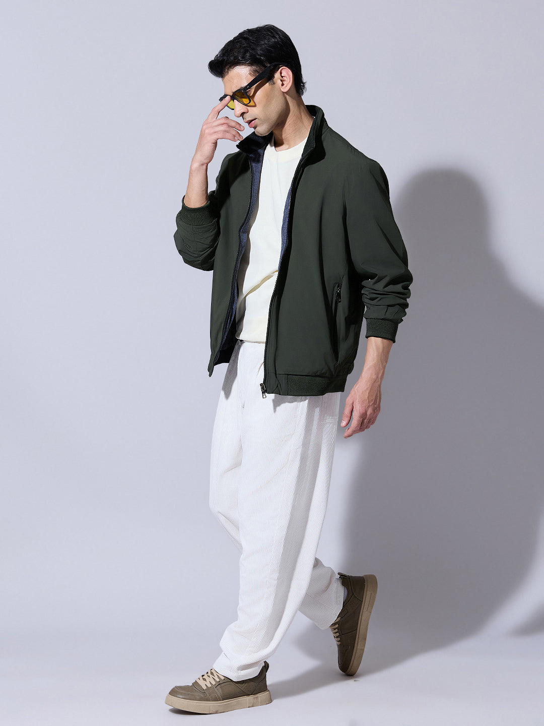 Men's Green Zip-Up Jacket with Stand Collar