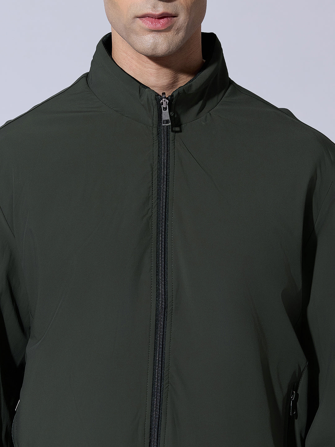 Men's Green Zip-Up Jacket with Stand Collar