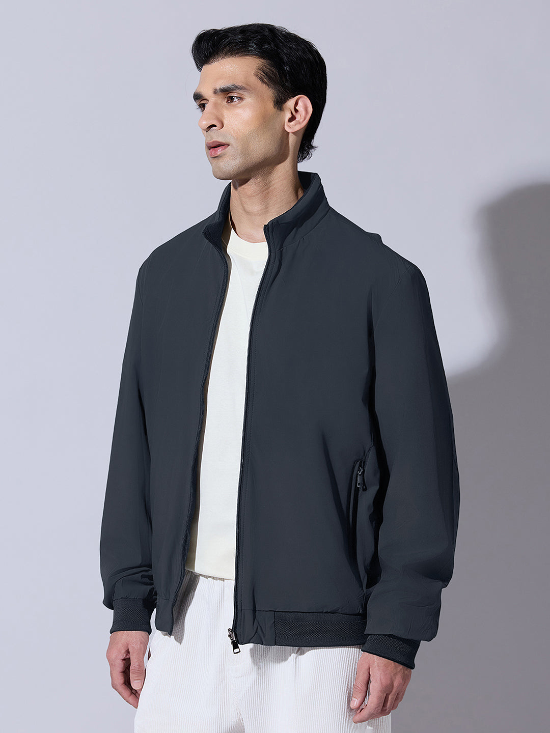 Men's Navy Blue Zip-Up Jacket with Stand Collar