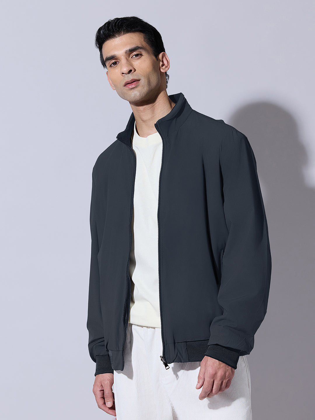 Men's Navy Blue Zip-Up Jacket with Stand Collar