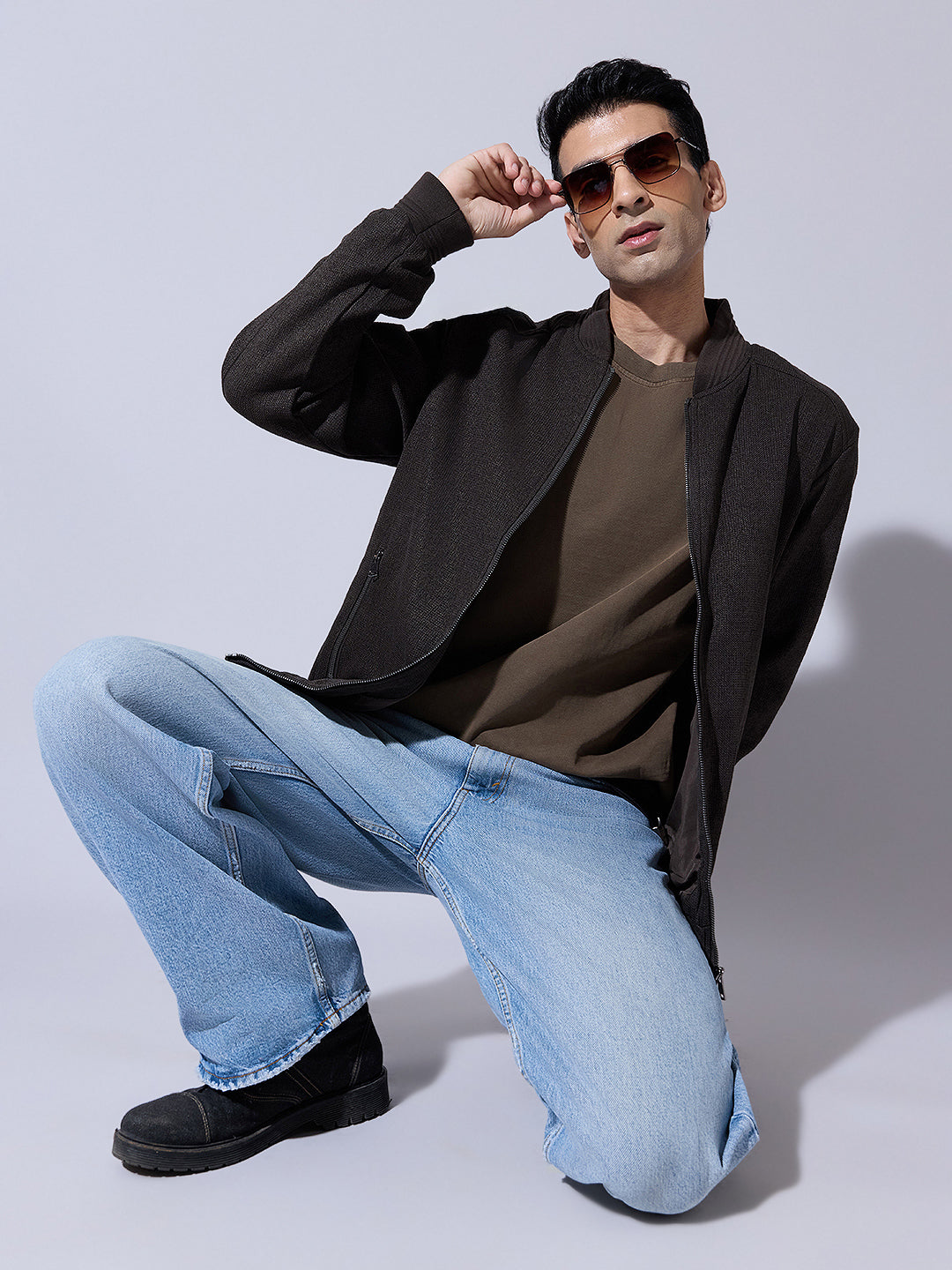 Men's Textured Brown Zip-Up Bomber Jacket