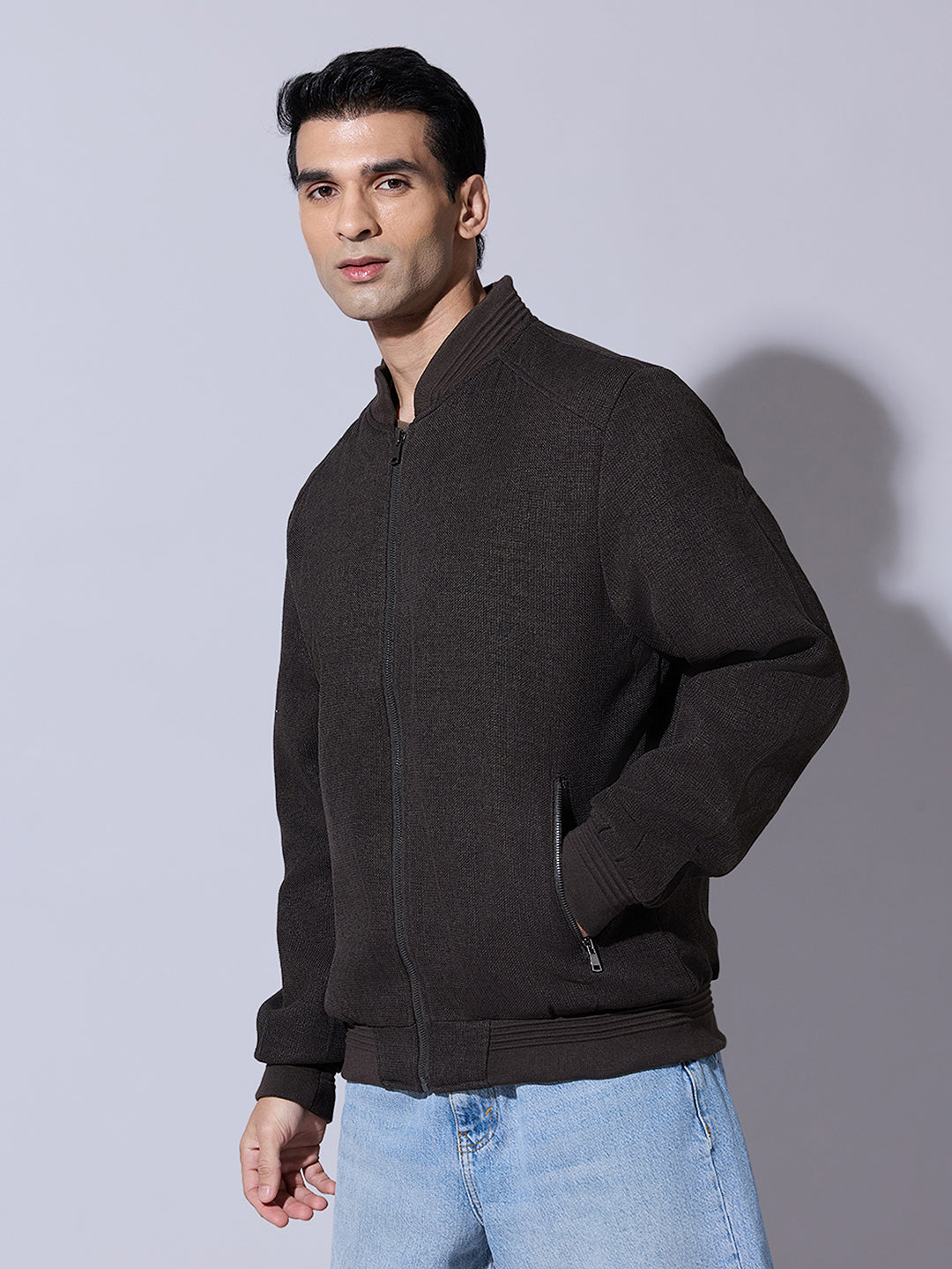 Men's Textured Brown Zip-Up Bomber Jacket