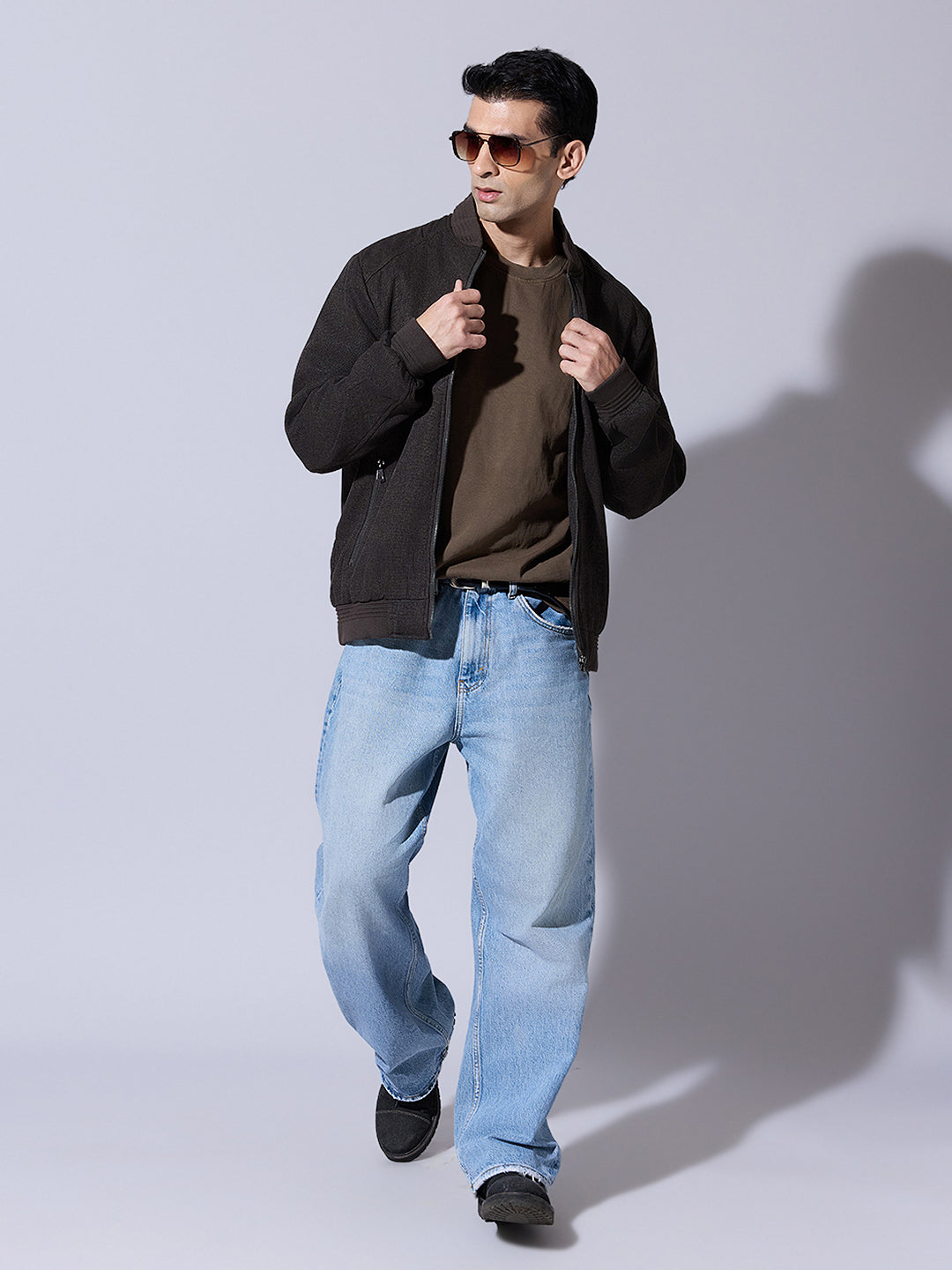 Men's Textured Brown Zip-Up Bomber Jacket