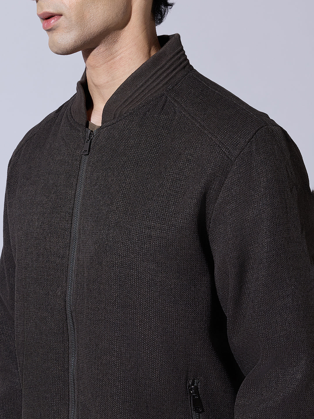 Men's Textured Brown Zip-Up Bomber Jacket