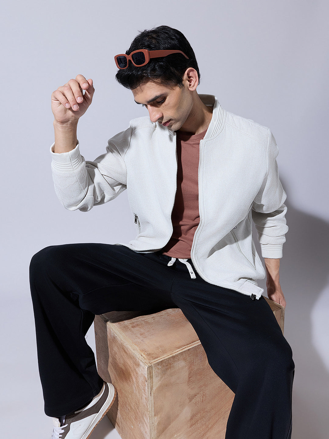 Men's Textured White Zip-Up Bomber Jacket