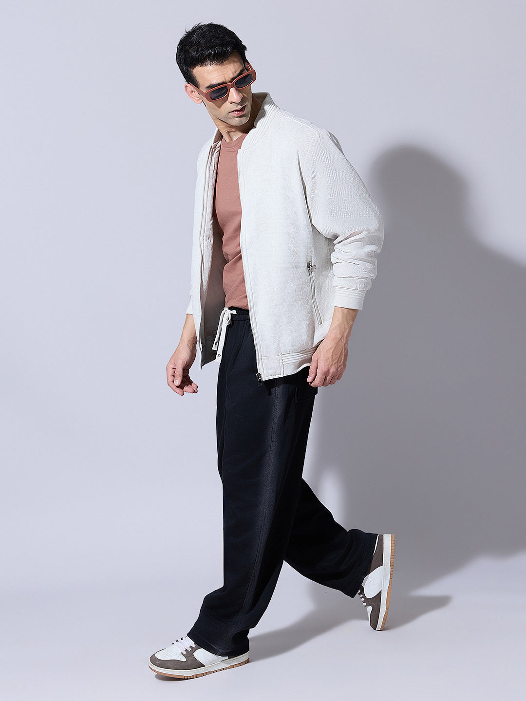 Men's Textured White Zip-Up Bomber Jacket