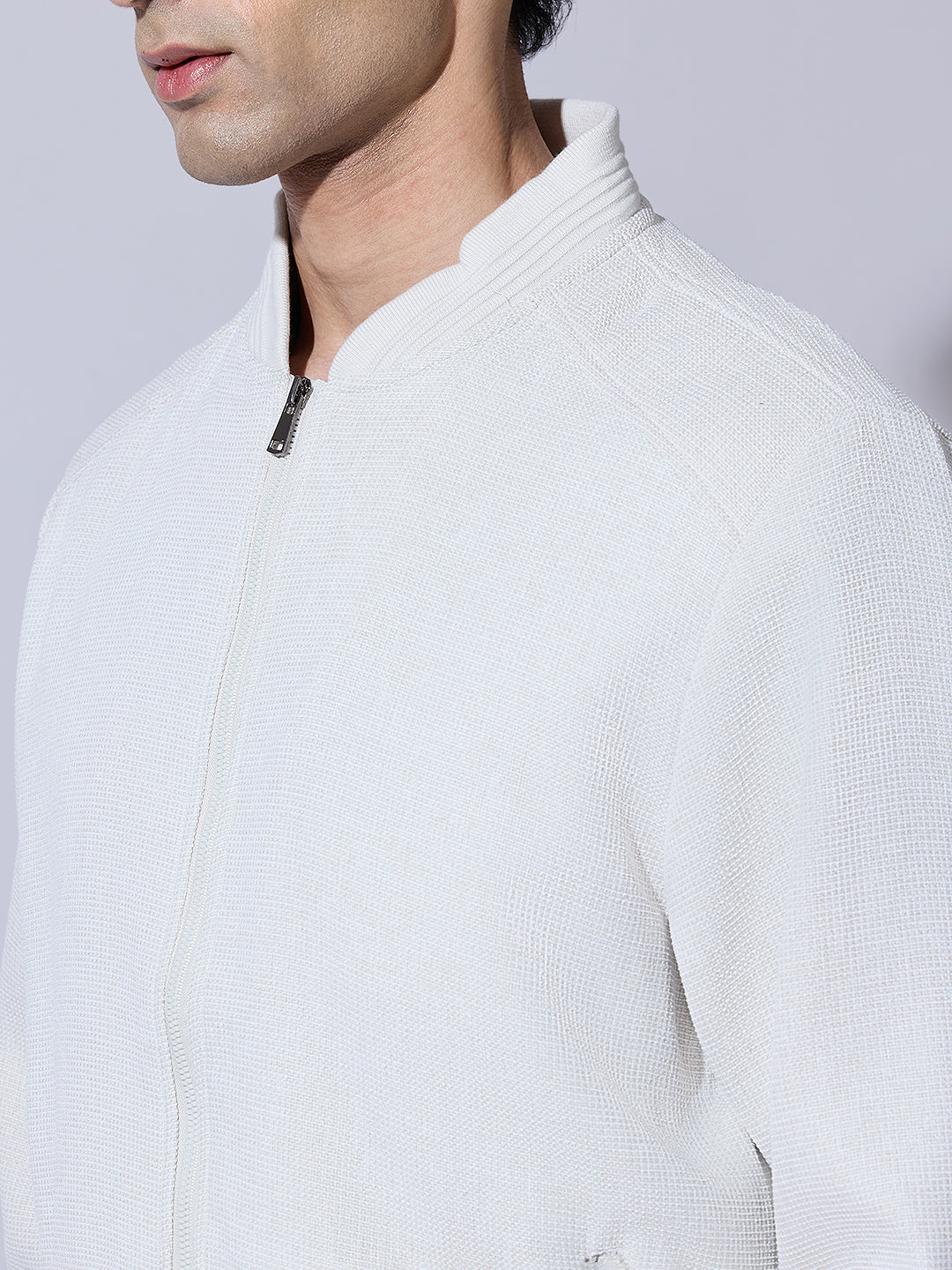 Men's Textured White Zip-Up Bomber Jacket