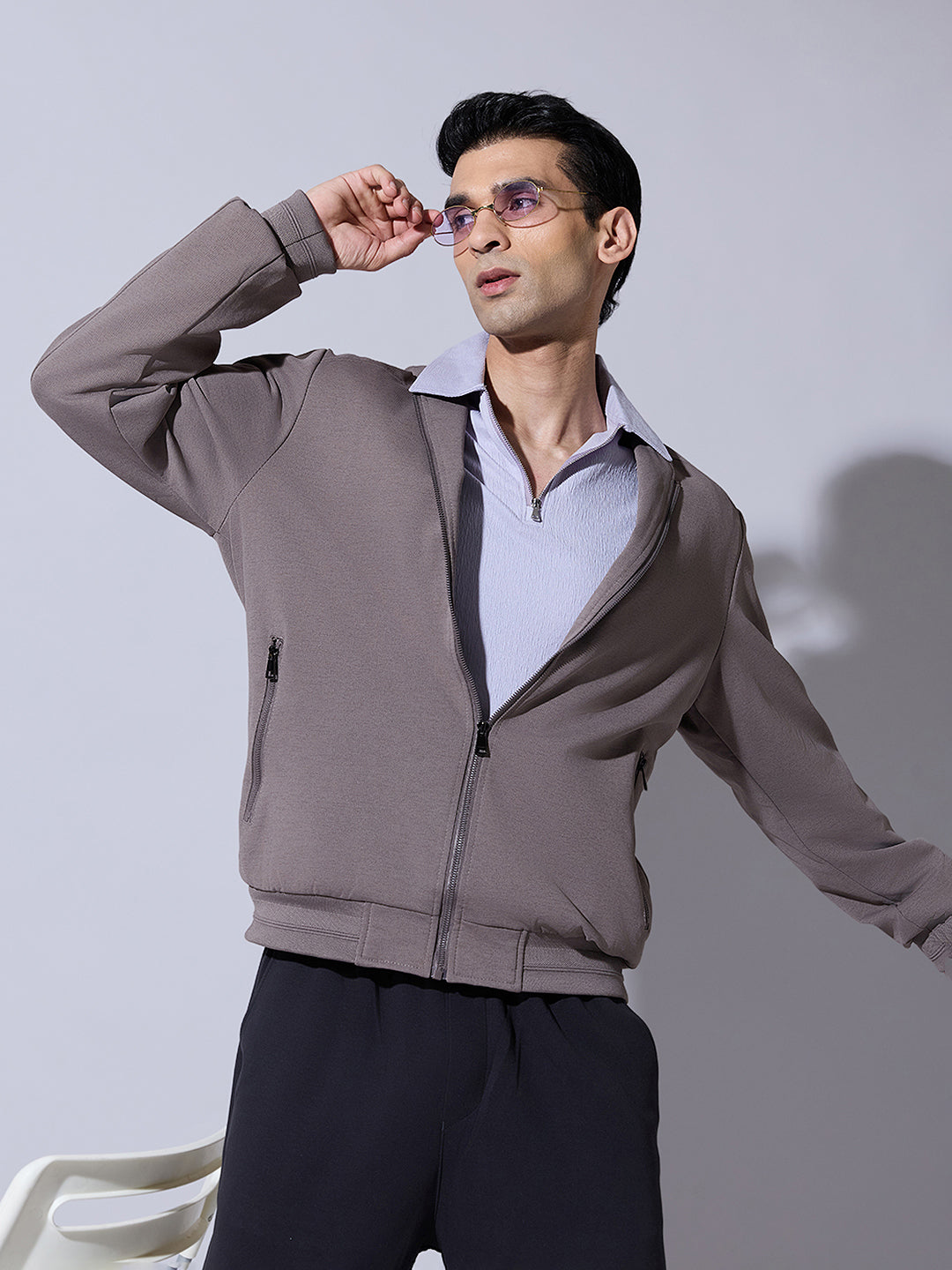 Men's Textured Brown Zip-Up Bomber Jacket