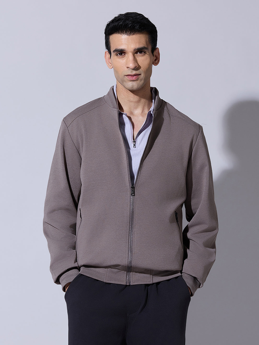 Men's Textured Brown Zip-Up Bomber Jacket