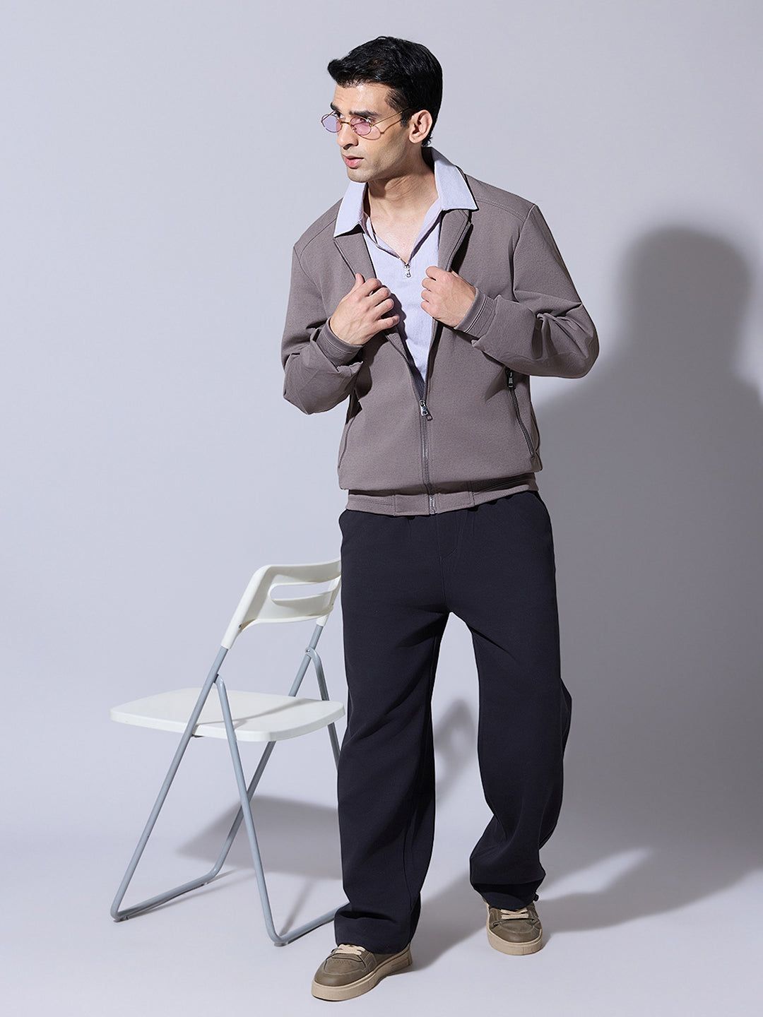 Men's Textured Brown Zip-Up Bomber Jacket