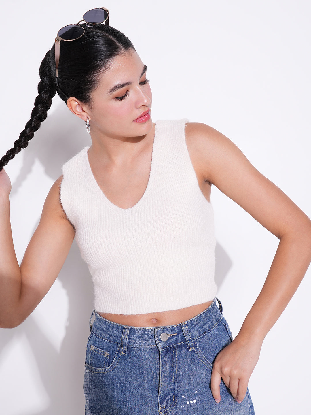 Women Cream Solid Crop Top